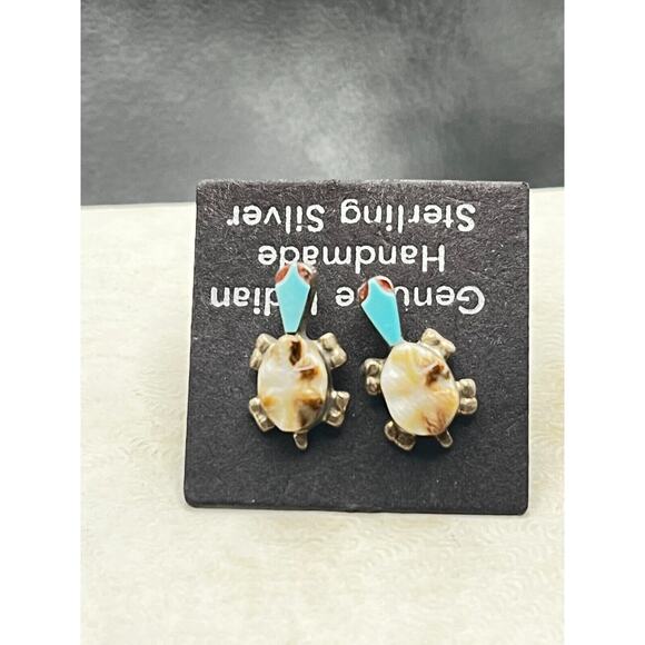 Zuni Indian Sterling Silver Turquoise Coral Turtle Post Earrings Handmade New - Picture 4 of 7